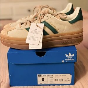 NIB ADIDAS Gazelle Bold Platform Sneaker Cream and Green, Size 8